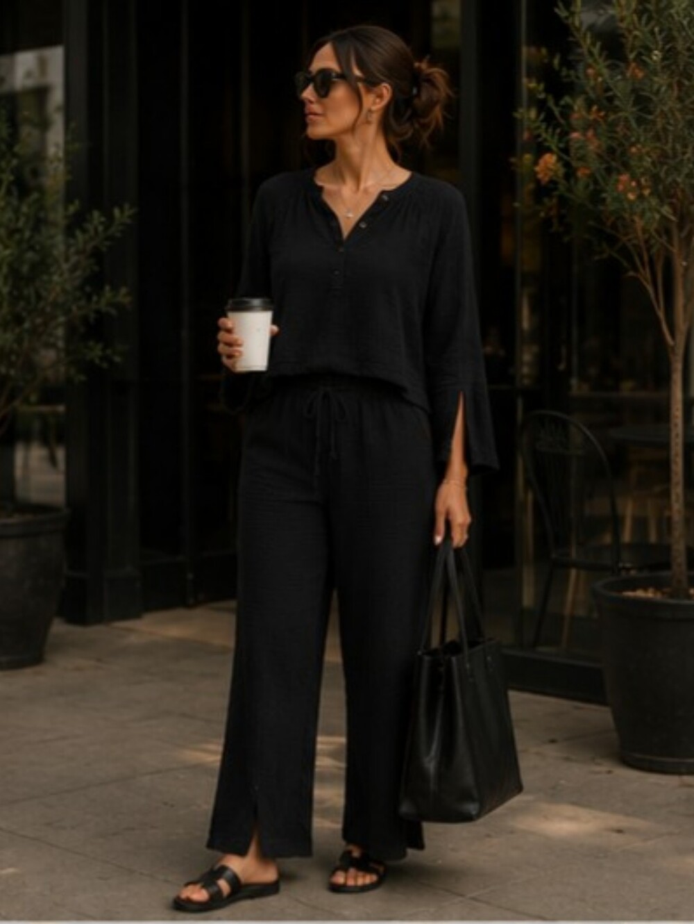 Johnny Was Calme 2 Piece Lounge Set XL Black Organic Cotton Gauze